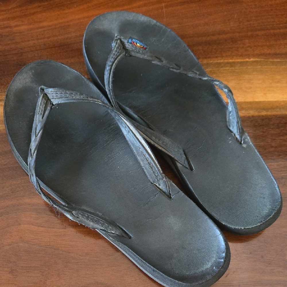 Rainbow Black Braided Leather Flip Flop Sandals